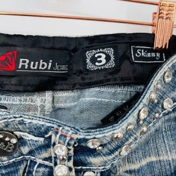 Rubi Jeans womans Skinny Jrs 3 heavily studded destroyed jean stone wash medium - Picture 5 of 8